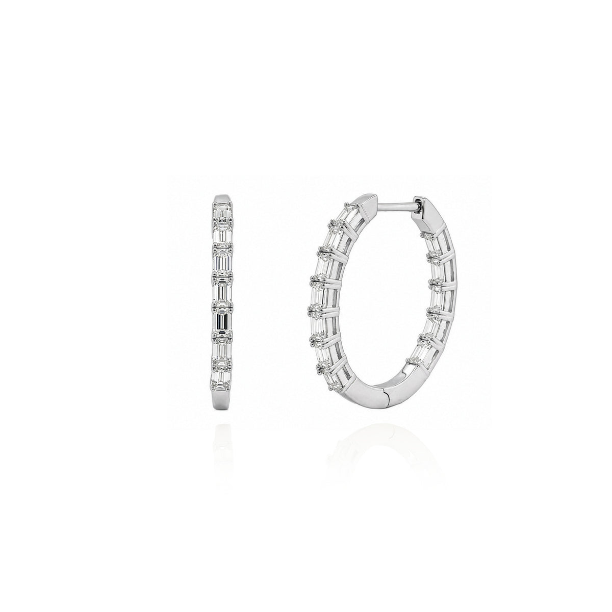 STERLING SILVER RHODIUM PLATED 2CT EMERALD CUT LAB DIAMOND HOOPS
