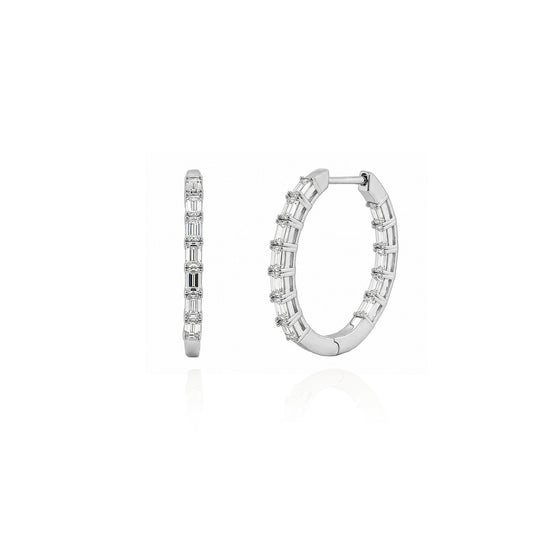 STERLING SILVER RHODIUM PLATED 2CT EMERALD CUT LAB DIAMOND HOOPS