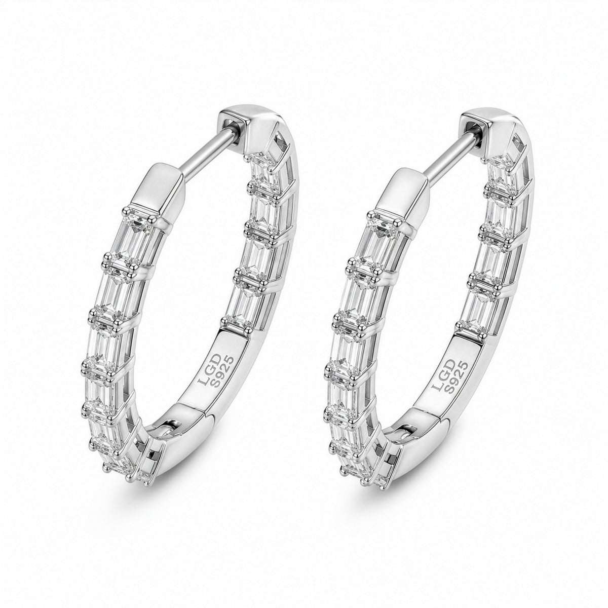STERLING SILVER RHODIUM PLATED BAGUETTE CUT 3CT LAB DIAMOND HOOPS
