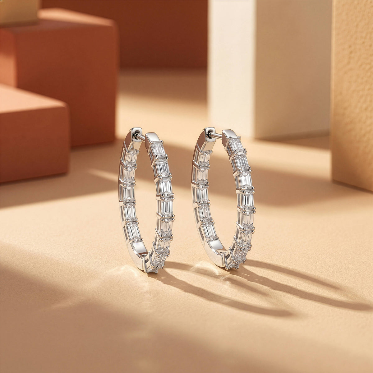 STERLING SILVER RHODIUM PLATED 2CT EMERALD CUT LAB DIAMOND HOOPS
