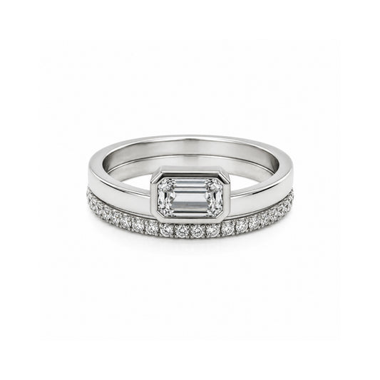 STERLING SILVER RHODIUM PLATED 0.75 CT EMERALD CUT LAB DIAMOND RING AND MATCHING 0.15TCW PAVE BAND