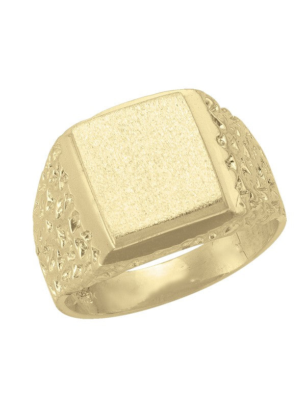10K YELLOW GOLD SQUARE SIGNET RING WITH NUGGET STYLE DESIGN